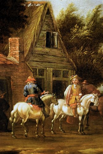 Personnages et chevaliers dans la cour de la taverne.
